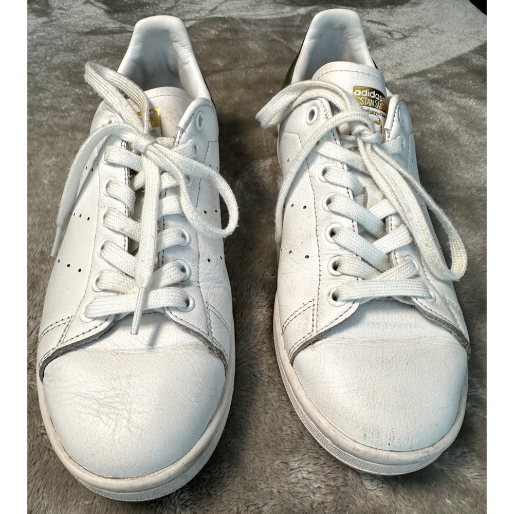 Adidas Stan Smith Sneakers Shoes Cloud White Gold Metallic Womens Size 8.5